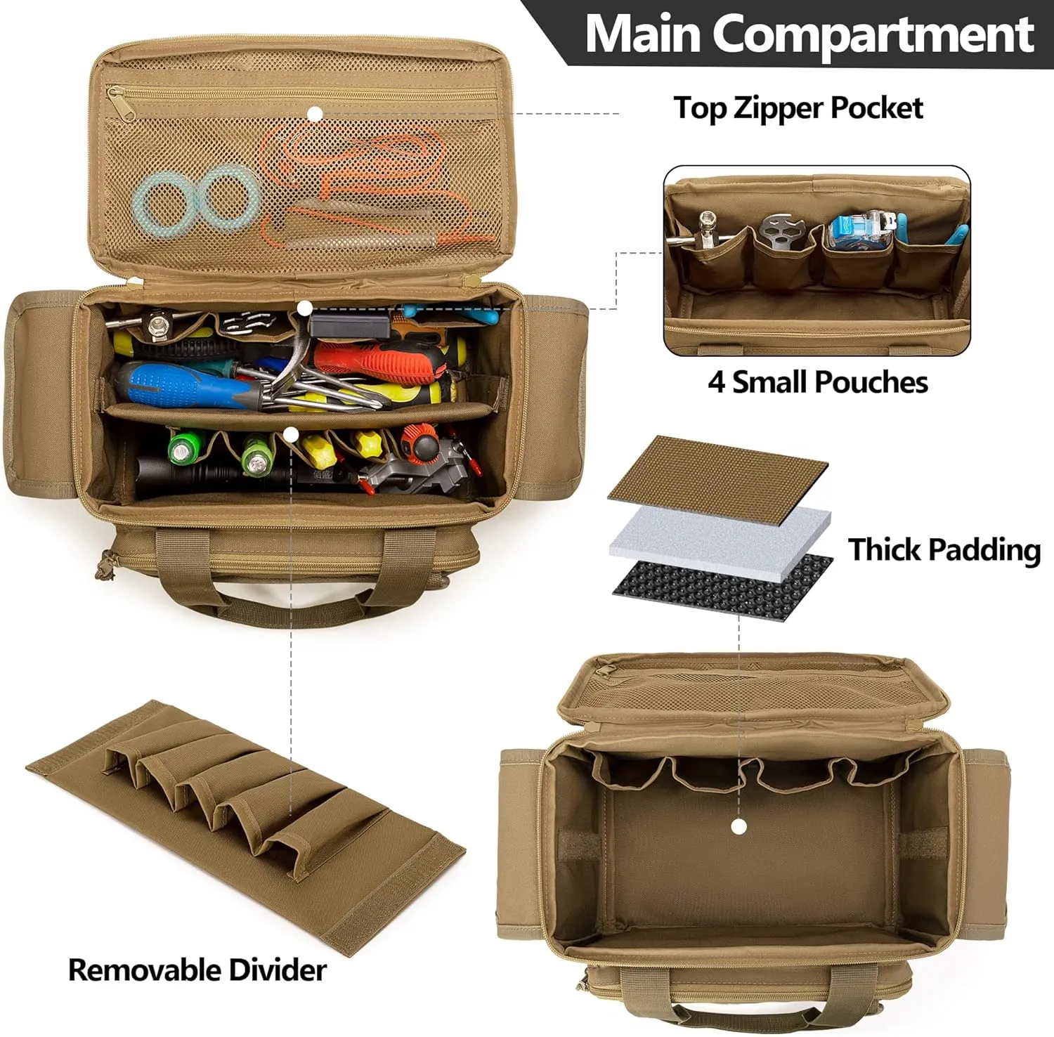 Small Tool Bag with Anti-friction and Thick Padded Bottom, Tool Storage Organizer for Men, Tactical Bag, Range Bag, Multi-functional Work Tote for Repairman, Electrician, Carpenters (Khaki)
