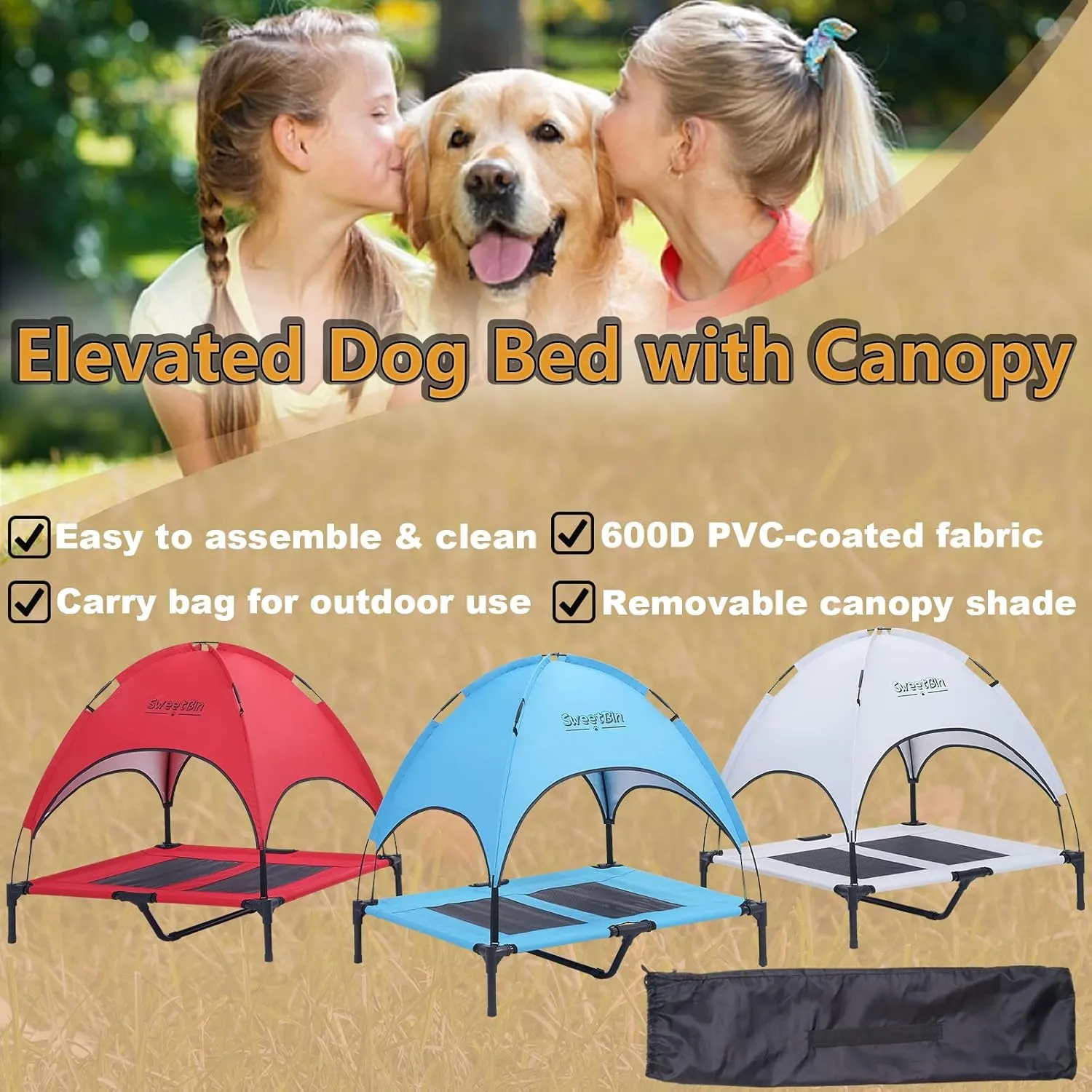 S/M/L Outdoor Elevated Dog Cot with Canopy & Side Shade for Camping Small Medium Dogs (Carry Bag), Portable Cooling Raised Dog Bed with and Side for Beach