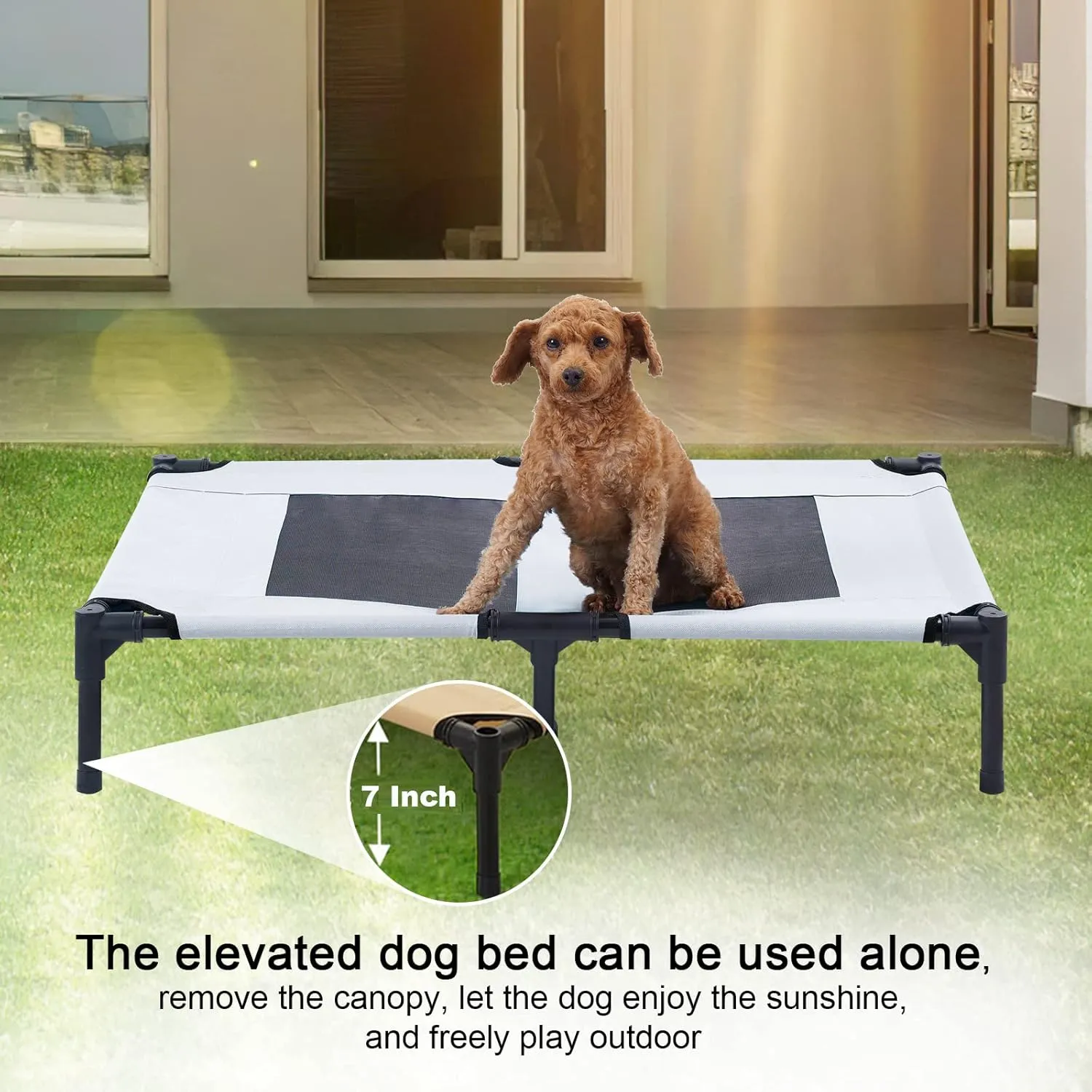 S/M/L Outdoor Elevated Dog Cot with Canopy & Side Shade for Camping Small Medium Dogs (Carry Bag), Portable Cooling Raised Dog Bed with and Side for Beach