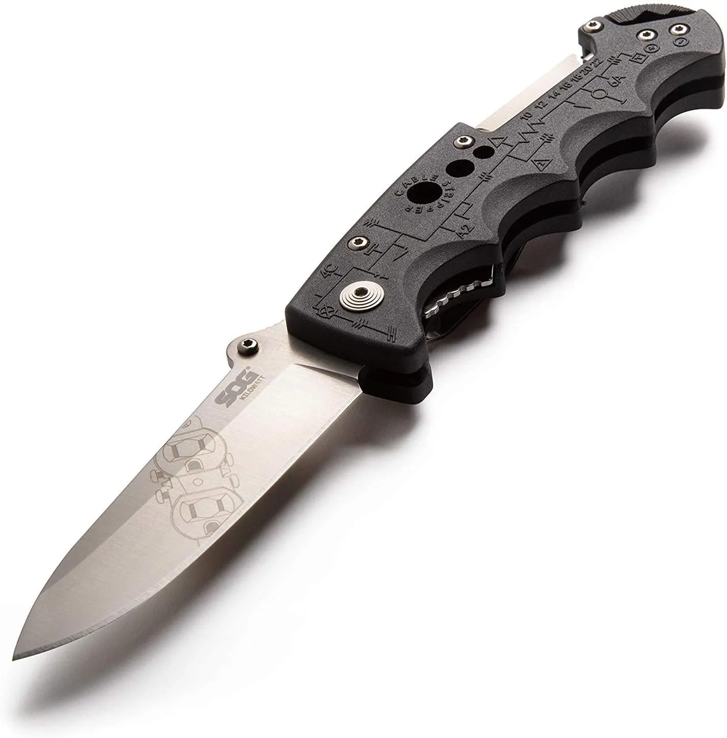 SOG Kilowatt- Electricians Pocket Knife with Wire Stripping Multi-Tool and 3.4 Inch AUS-8 Blade, UTP 10-22G Wire Stripper Knife (EL01-CP), Black