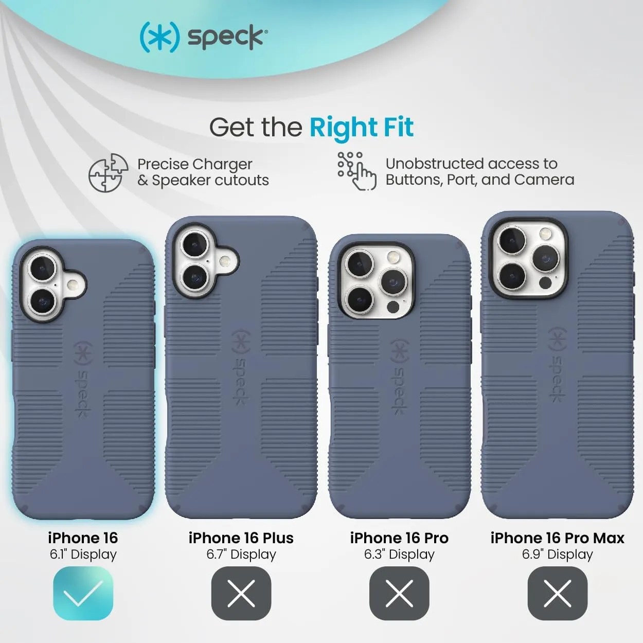 Speck CandyShell Grip iPhone 16 Case - Slim MagSafe - Mystery Blue/Faded Denim