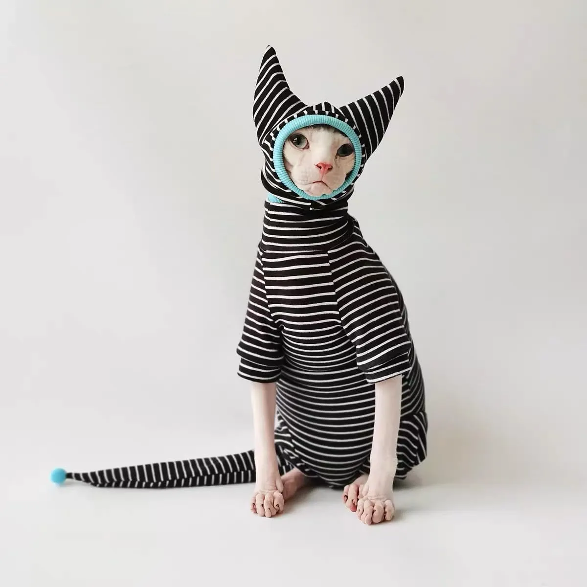Sphynx Cat Clothes Black Stripe Breathable Shirts Suit, Pet Hat and Shirt Set (XX-Large)