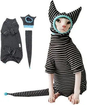 Sphynx Cat Clothes Black Stripe Breathable Shirts Suit, Pet Hat and Shirt Set (XX-Large)