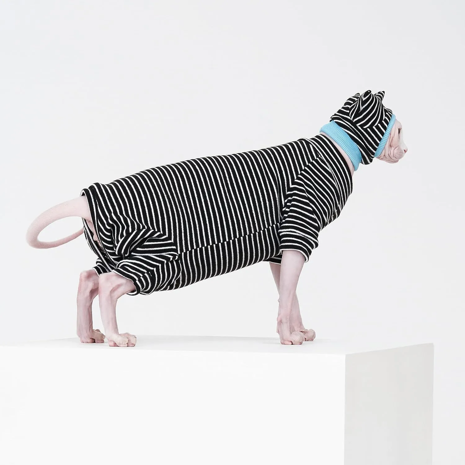 Sphynx Cat Clothes Black Stripe Breathable Shirts Suit, Pet Hat and Shirt Set (XX-Large)