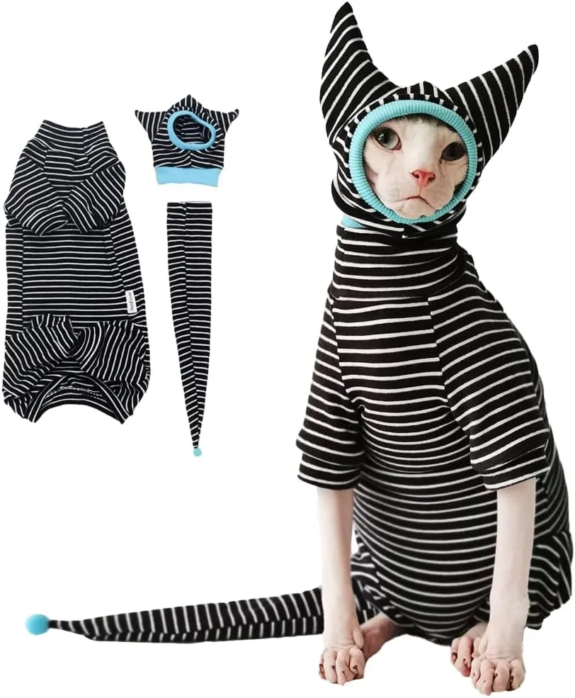 Sphynx Cat Clothes Black Stripe Breathable Shirts Suit, Pet Hat and Shirt Set (XX-Large)