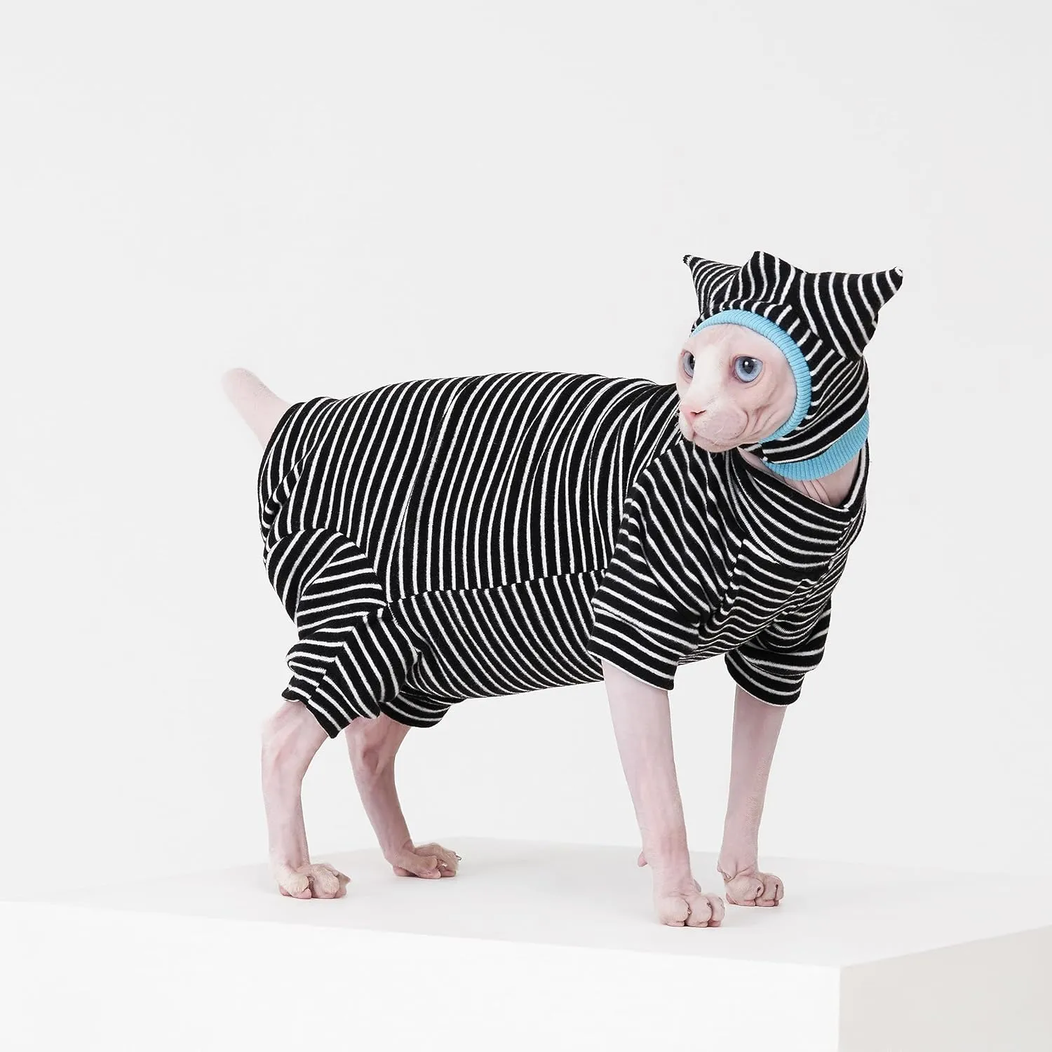 Sphynx Cat Clothes Black Stripe Breathable Shirts Suit, Pet Hat and Shirt Set (XX-Large)