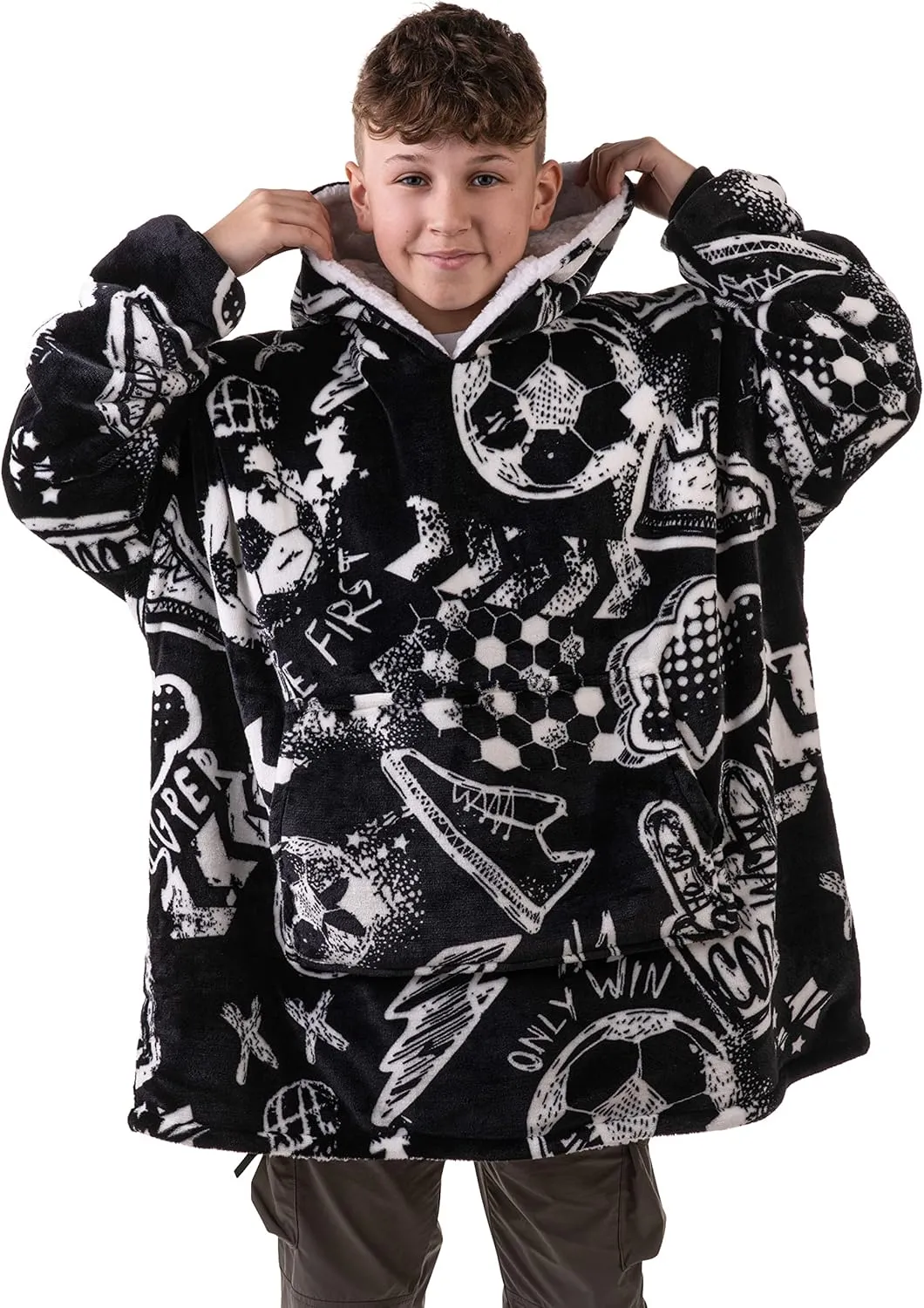 Sports Blanket Hoodie Men & Kids, Oversized Wearable Blanket Kids, Teens, Adults, Soccer & Basketball Hoodie Blanket for Boys