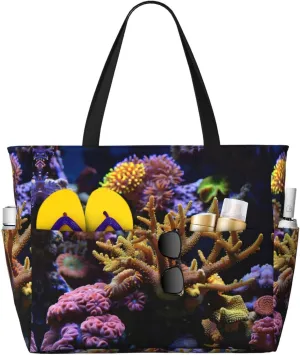 SSIMOO Coral Reef Spacious Beach Travel Bagâ€“reusable Grocery Tote, Multifunctional Beach Vacation Bag
