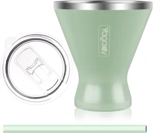 Stainless Steel Martini Tumbler with Lid & Cuttable Silicone Straw - 10oz Vacuum Sealed Insulated Martini Glass - Elegant Design Margarita Glass for Perfectly Chilled Drinks (Green)