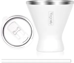 Stainless Steel Martini Tumbler with Lid & Cuttable Silicone Straw - 10oz Vacuum Sealed Insulated Martini Glass - Elegant Design Margarita Glass for Perfectly Chilled Drinks (White)