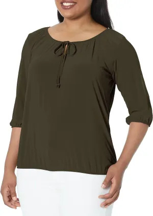 Star Vixen Women's 3/4 Sleeve, Front Tie Peasant Top, Olive, Petite/X-Large