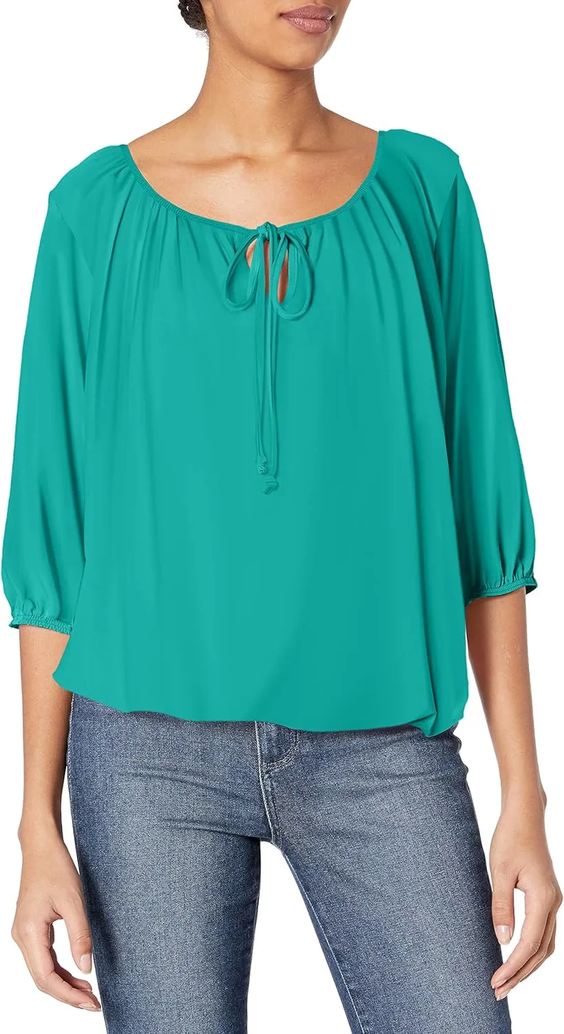 Star Vixen Women's 3/4 Sleeve, Front Tie Peasant Top