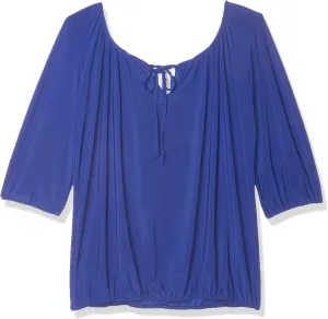 Star Vixen Women's Petite 3/4 Sleeve Peasant Elastic-Hem Keyhole-tie Top