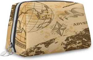 Steampunk Print,Large Capacity Travel Leather Cosmetic Bag,World Map Sketch Adventure Theme,Multifunctional Storage Makeup Bag for Women,Orange Beige,M
