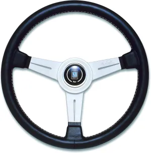 Steering Wheel - Classic - 330mm (12.99 inches) - Black Leather with Grey Stitching and White Anodized Spokes - Aluminum Ring - Part # 6061.33.1001