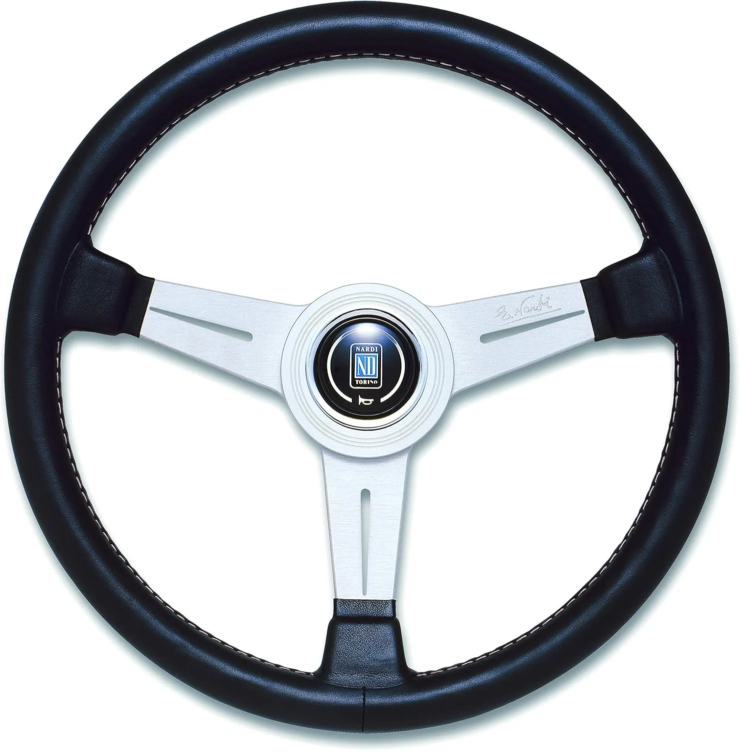 Steering Wheel - Classic - 330mm (12.99 inches) - Black Leather with Grey Stitching and White Anodized Spokes - Aluminum Ring - Part # 6061.33.1001