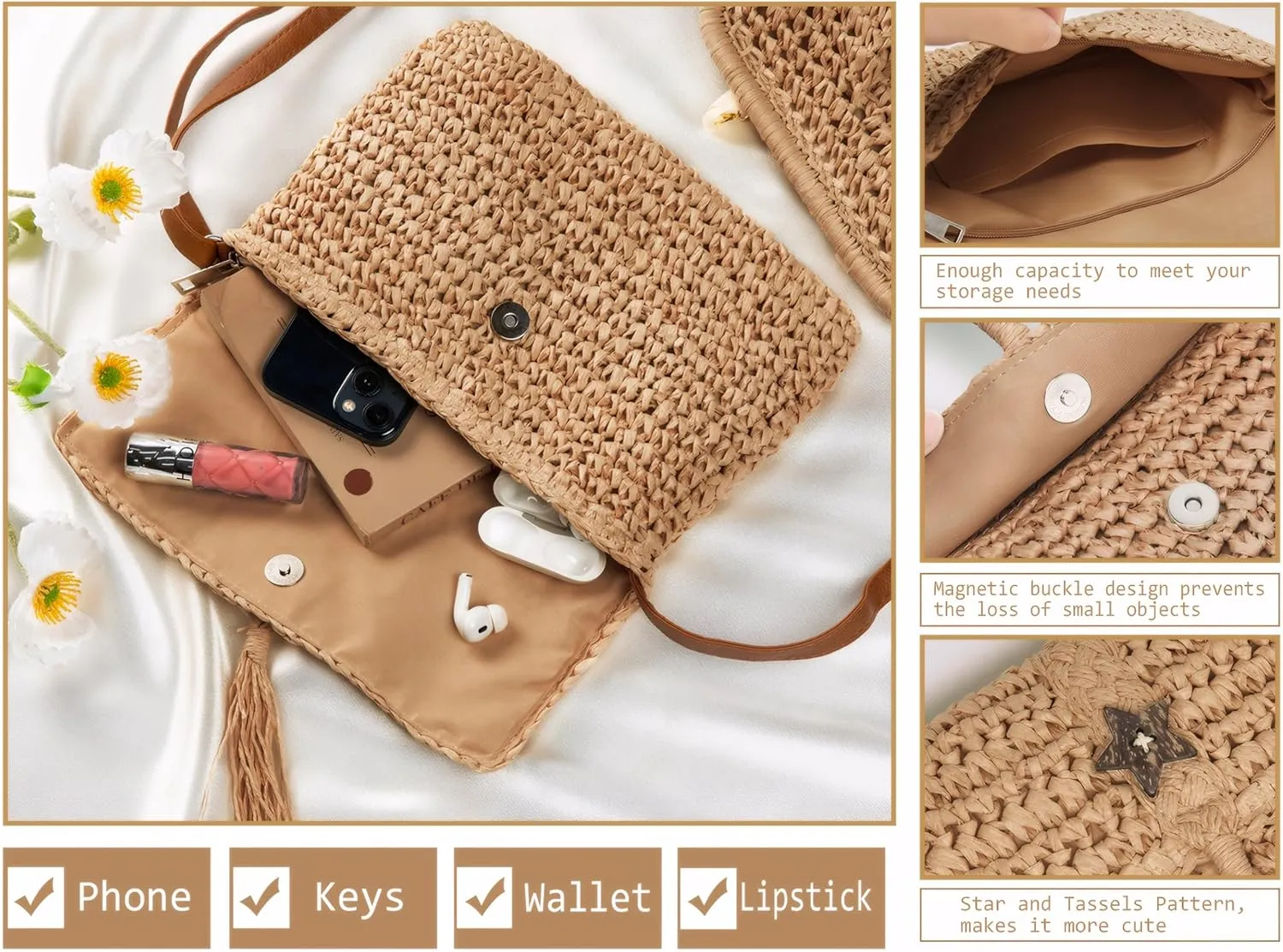 Straw Bag for Women Straw Clutch Purse Summer Beach Bag Woven Shoulder Crossbody Bag