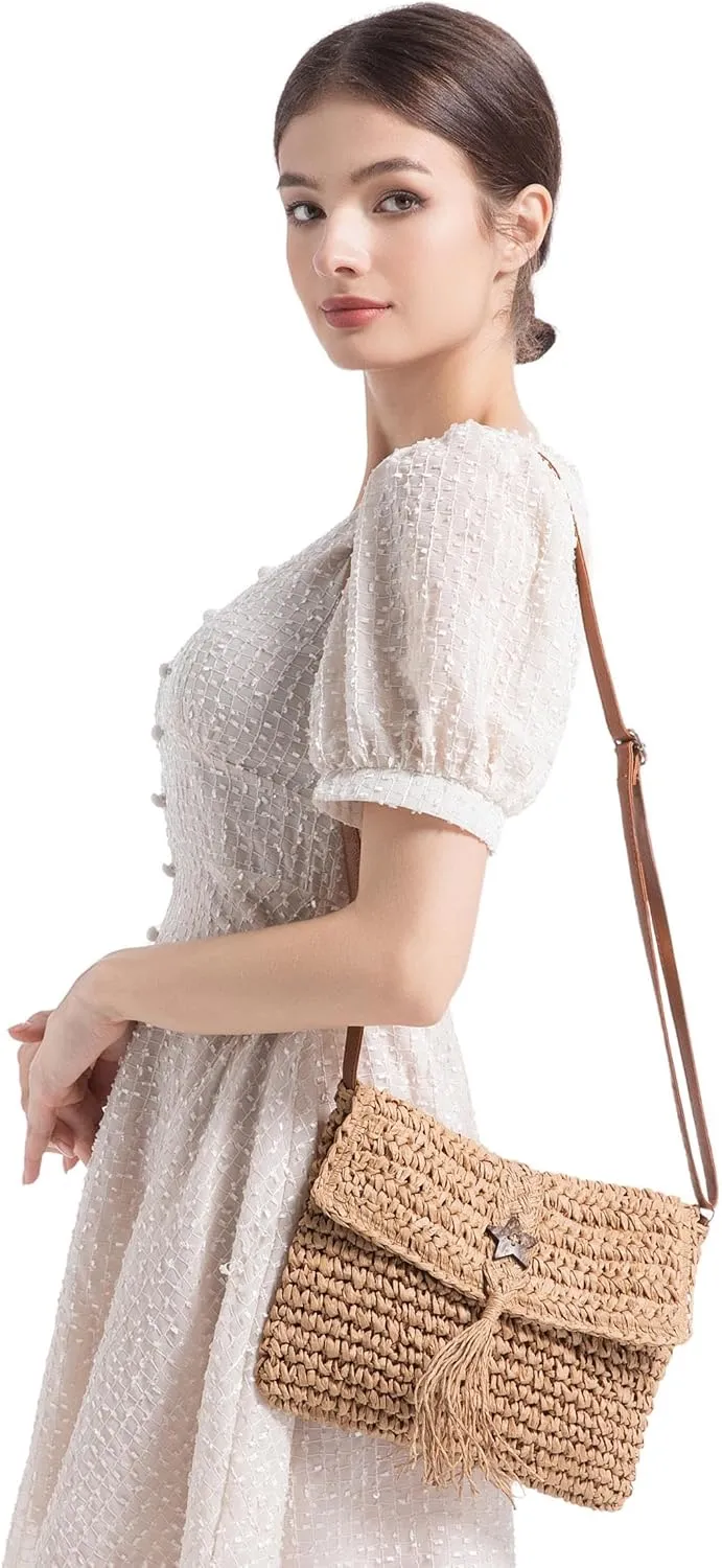 Straw Bag for Women Straw Clutch Purse Summer Beach Bag Woven Shoulder Crossbody Bag