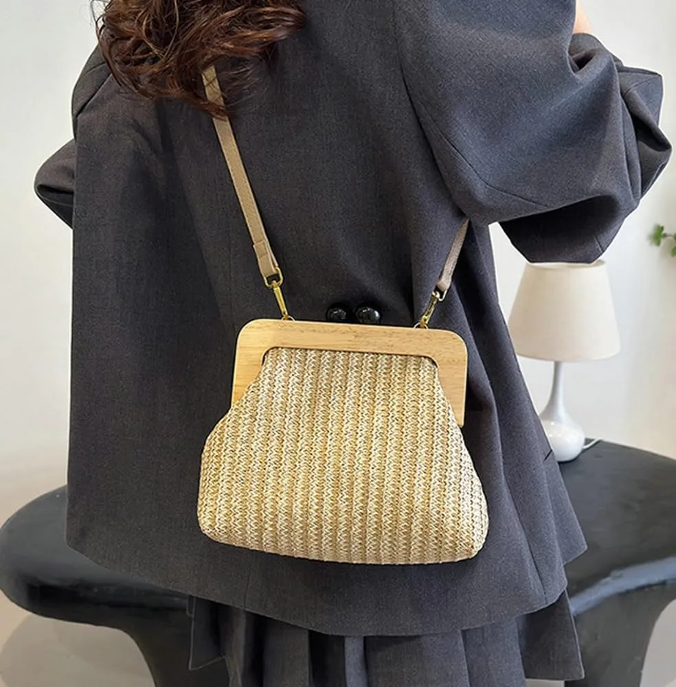 Straw Beach Bags For Women Summer Straw Cross-body Bag Raffia Handbag Pearls Purses Shoulder Bag Shell Shaped Bag 2025