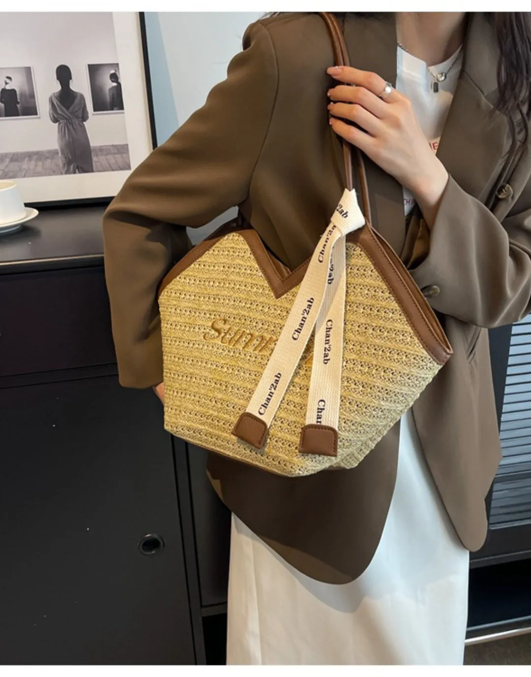 Straw Beach Bags&Tote Embroidery Heart Design Bag