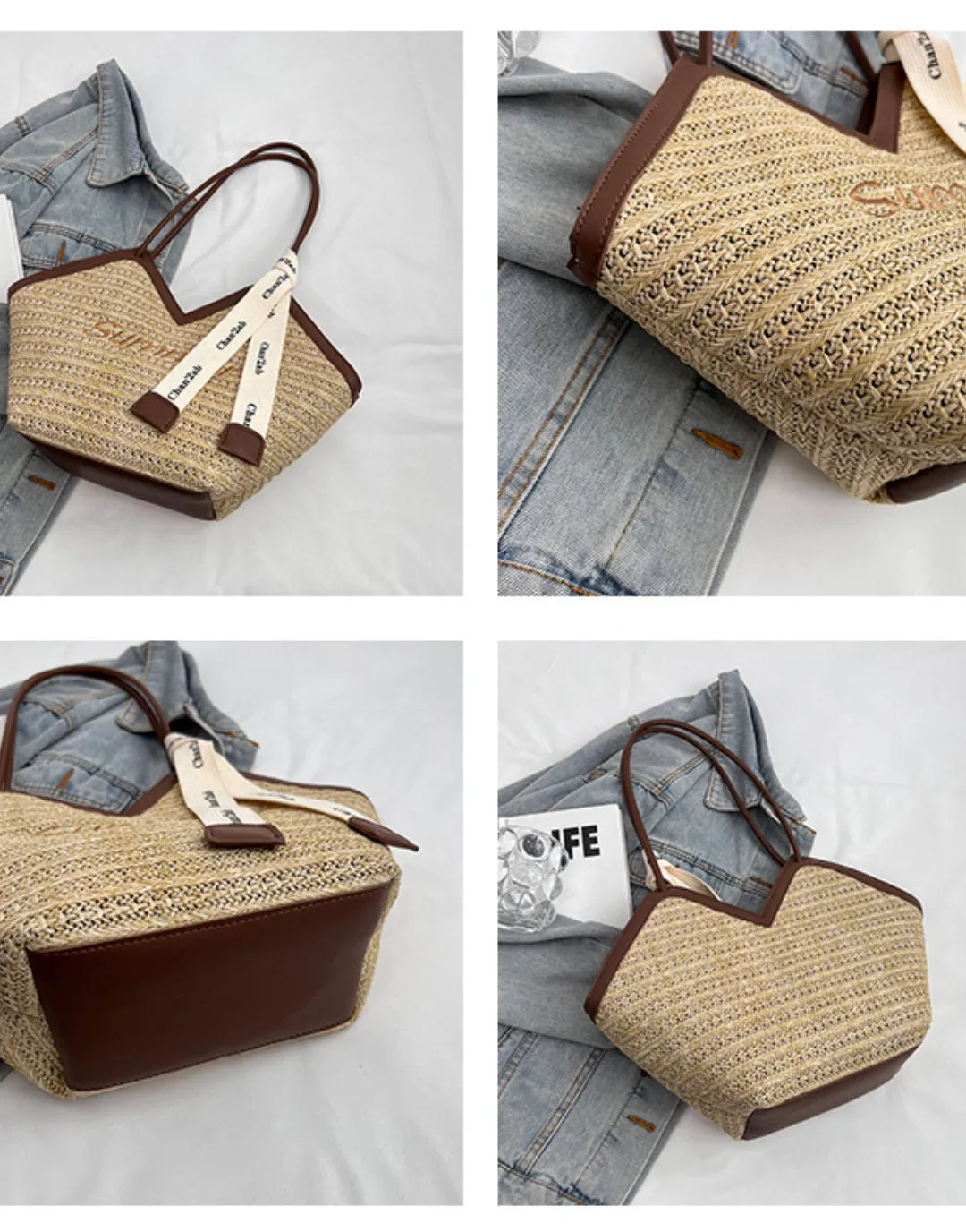 Straw Beach Bags&Tote Embroidery Heart Design Bag