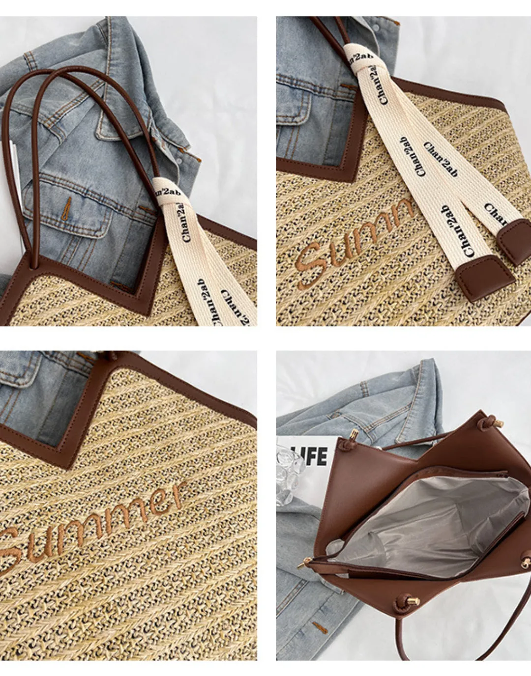 Straw Beach Bags&Tote Embroidery Heart Design Bag