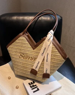 Straw Beach Bags&Tote Embroidery Heart Design Bag