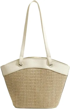Straw Beach Tote for Women - French Retro Shoulder Bag, Summer Woven Tote, Travel Bag