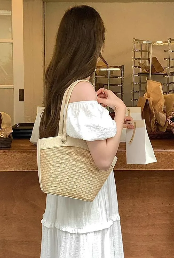 Straw Beach Tote for Women - French Retro Shoulder Bag, Summer Woven Tote, Travel Bag