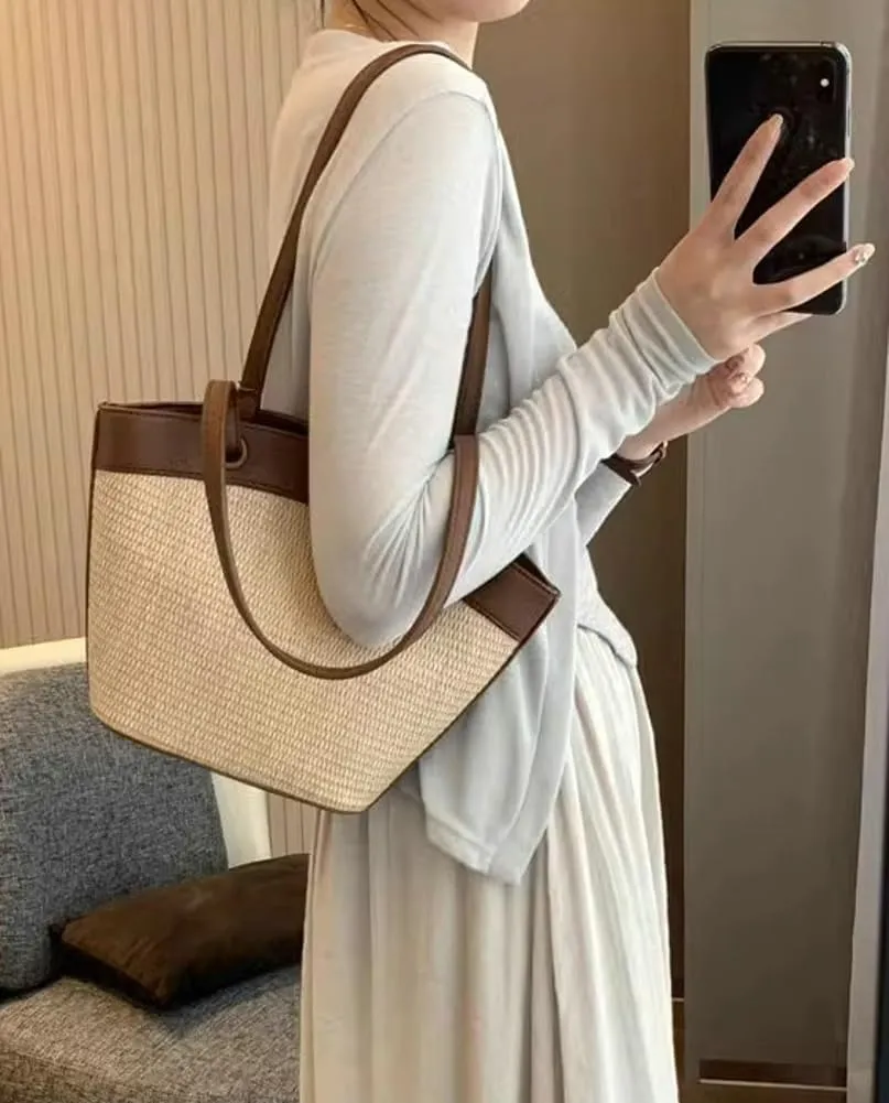 Straw Beach Tote for Women - French Retro Shoulder Bag, Summer Woven Tote, Travel Bag