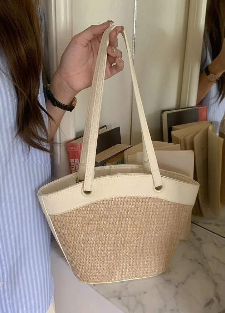 Straw Beach Tote for Women - French Retro Shoulder Bag, Summer Woven Tote, Travel Bag
