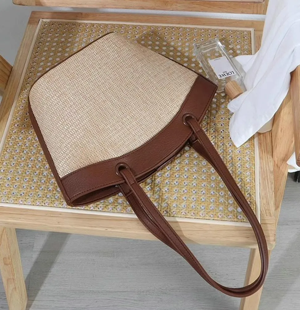 Straw Beach Tote for Women - French Retro Shoulder Bag, Summer Woven Tote, Travel Bag