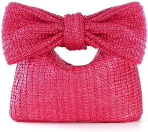 Straw Clutch Handbag with Large Bow, Natural Woven Beach Purse, Summer Casual Tote