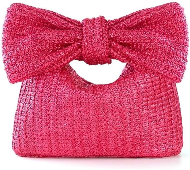 Straw Clutch Handbag with Large Bow, Natural Woven Beach Purse, Summer Casual Tote