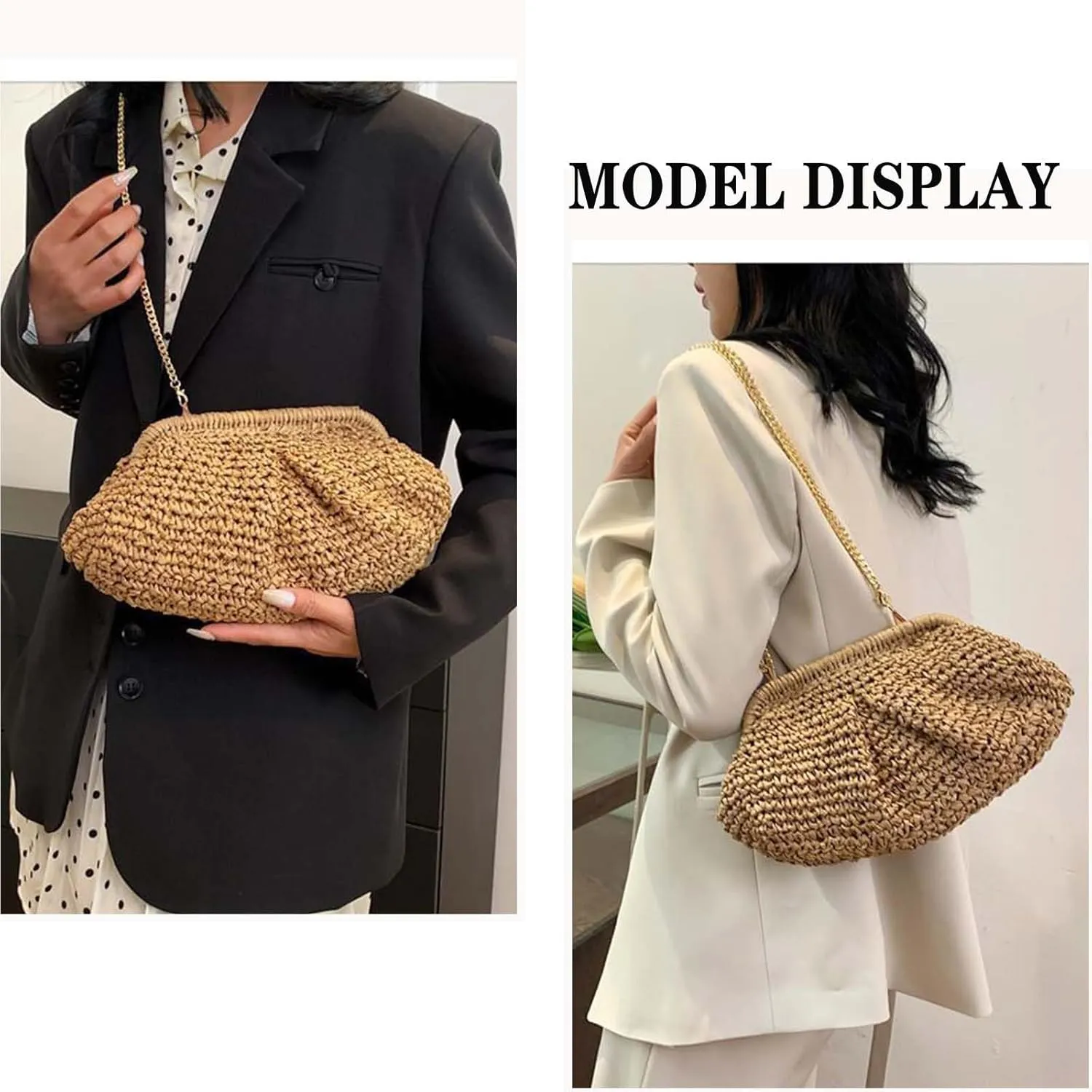 Straw Clutch Purse for Women Cloud Dumpling Pouch Beach Crossbody Shoulder Bag Summer Beach Clutch Woven Handbag