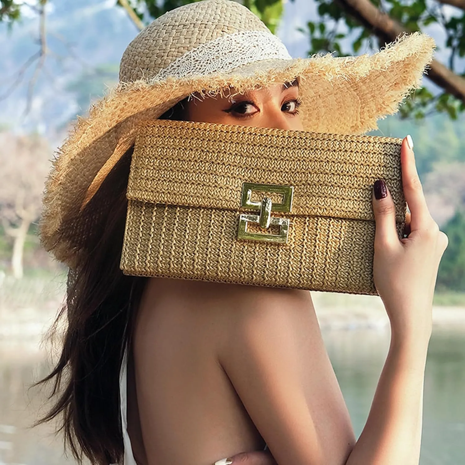 Straw Clutch Purse for Women Designer Evening Handbag Summer Beach Shoulder Crossbody Bag