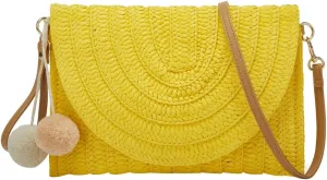 Straw Clutch Women Hand-woven PomPom Crossbody Bag Summer Beach Envelope Purse Wallet