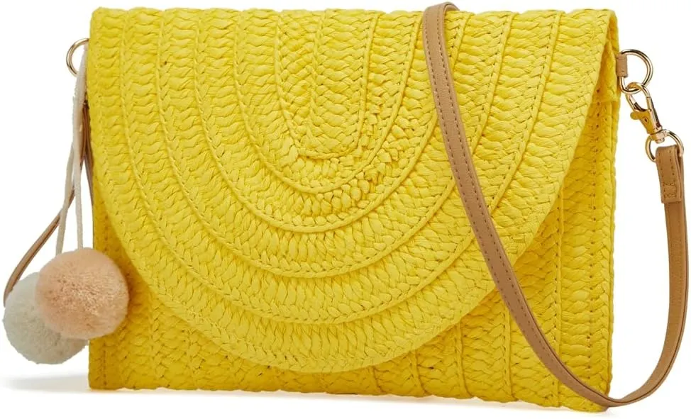 Straw Clutch Women Hand-woven PomPom Crossbody Bag Summer Beach Envelope Purse Wallet