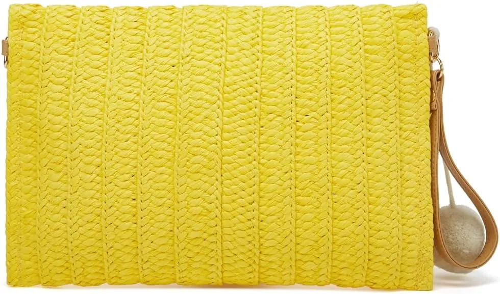 Straw Clutch Women Hand-woven PomPom Crossbody Bag Summer Beach Envelope Purse Wallet