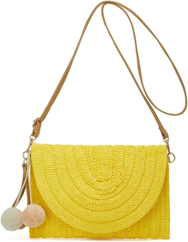 Straw Clutch Women Hand-woven PomPom Crossbody Bag Summer Beach Envelope Purse Wallet