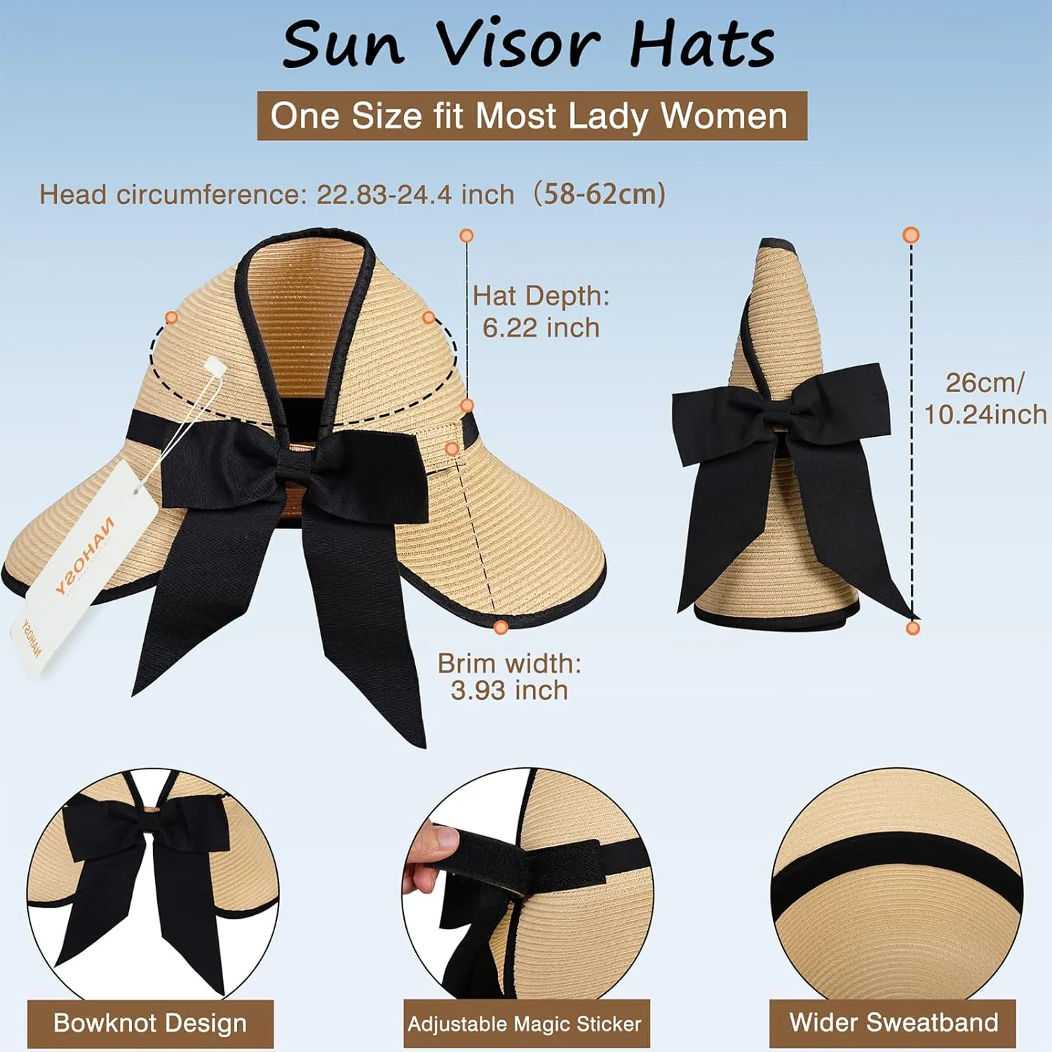 Straw Sun Visor Hats for Women, Ponytail Summer Beach Hat Roll Up Packable Floppy Wide Brim with UPF 50  for Travel