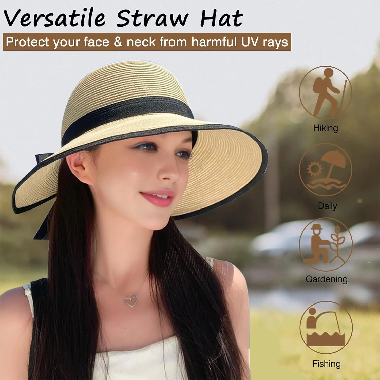 Straw Sun Visor Hats for Women, Ponytail Summer Beach Hat Roll Up Packable Floppy Wide Brim with UPF 50  for Travel