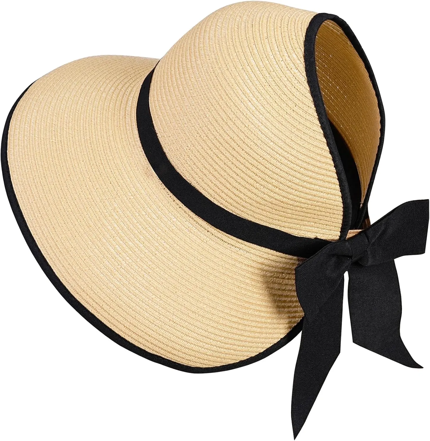 Straw Sun Visor Hats for Women, Ponytail Summer Beach Hat Roll Up Packable Floppy Wide Brim with UPF 50  for Travel