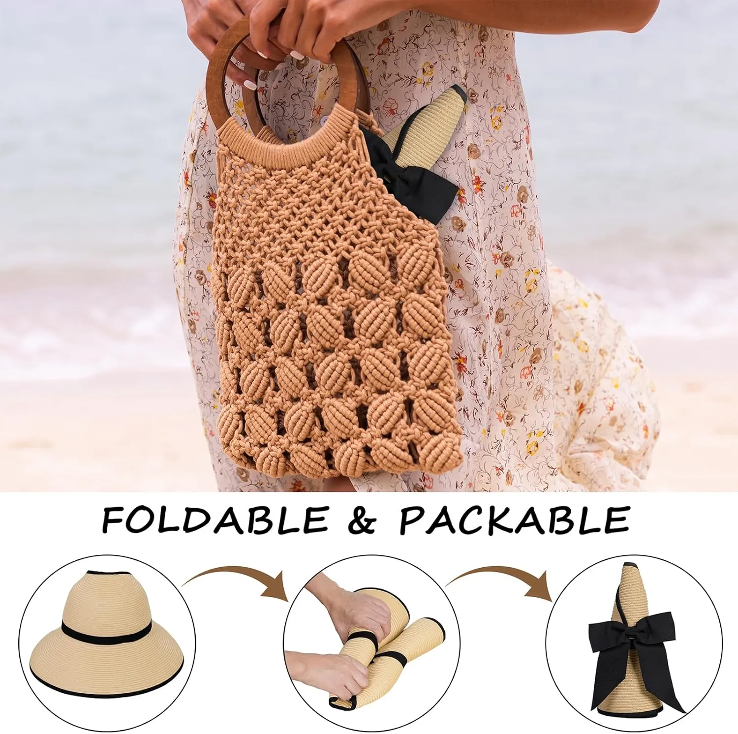 Straw Sun Visor Hats for Women, Ponytail Summer Beach Hat Roll Up Packable Floppy Wide Brim with UPF 50  for Travel