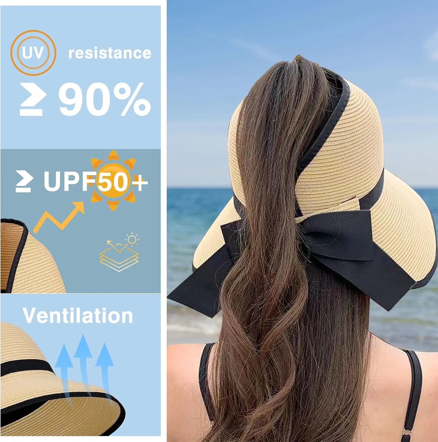 Straw Sun Visor Hats for Women, Ponytail Summer Beach Hat Roll Up Packable Floppy Wide Brim with UPF 50  for Travel