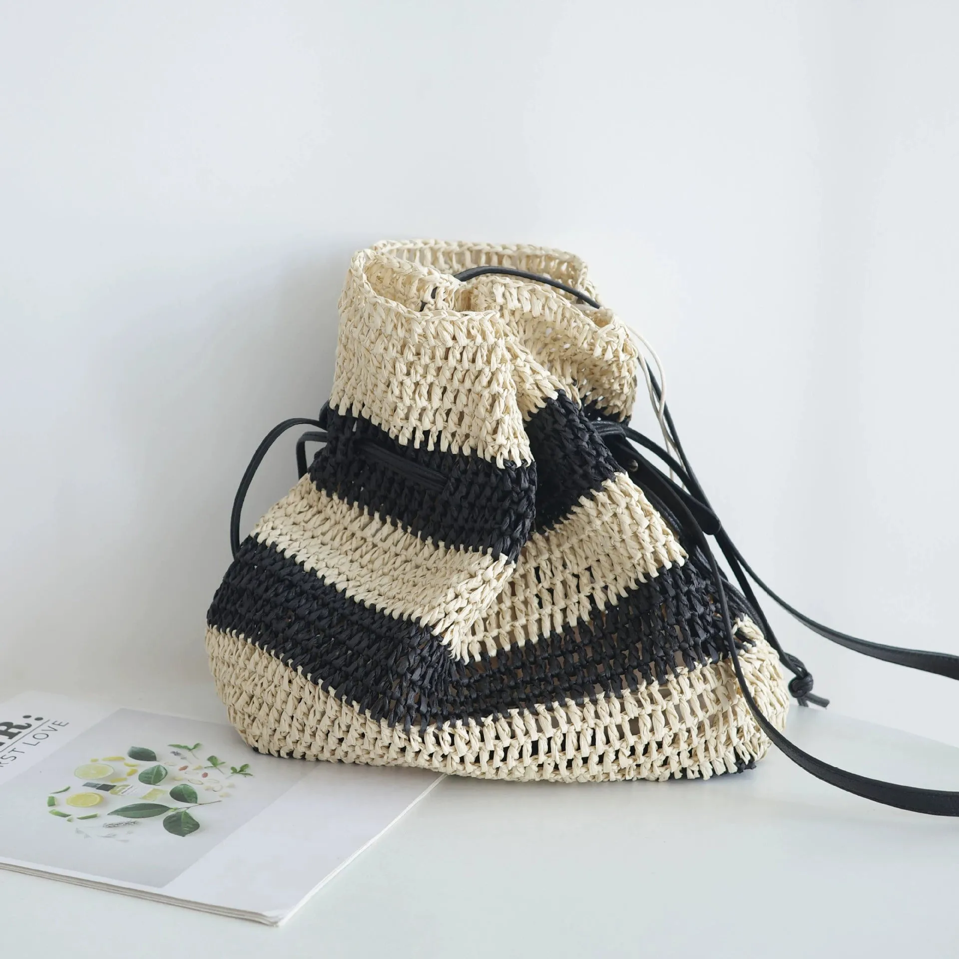 Striped Straw Crochet Woven Bucket Beach Bag