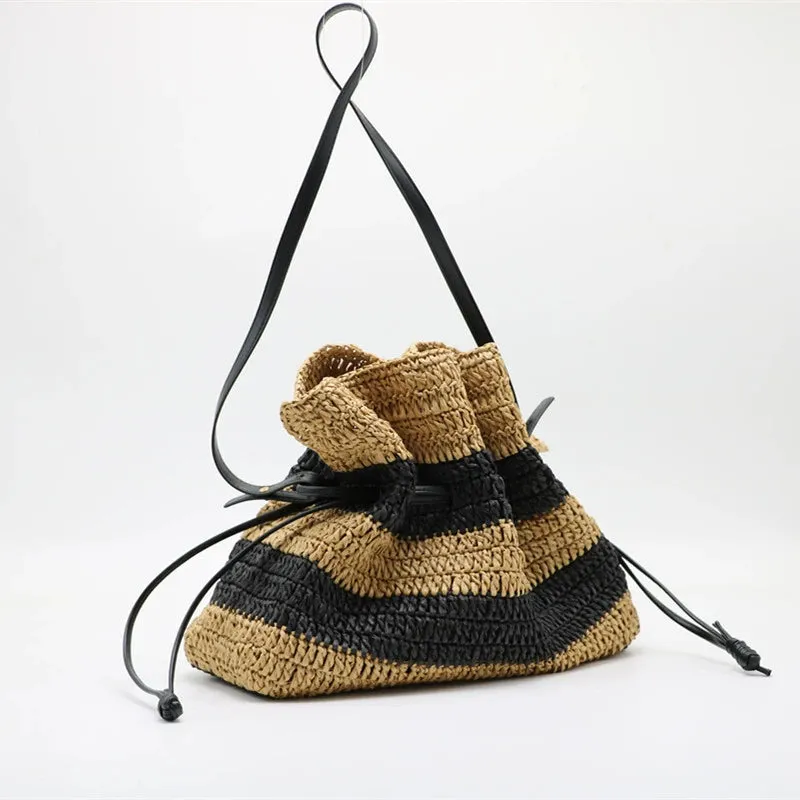 Striped Straw Crochet Woven Bucket Beach Bag