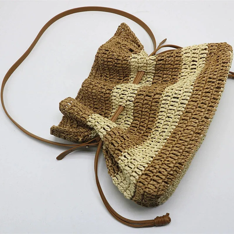Striped Straw Crochet Woven Bucket Beach Bag