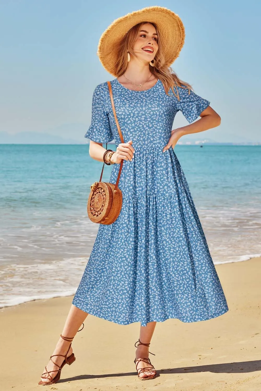 STYLEWORD Women's Summer 2025 Casual Short Sleeve Tiered Flowy Spring Dress Long Midi Beach Sundress Vacation Outfits