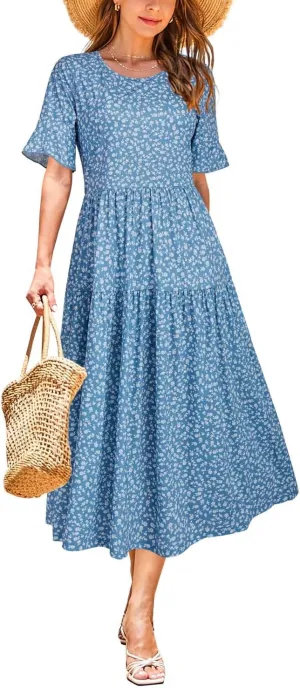 STYLEWORD Women's Summer 2025 Casual Short Sleeve Tiered Flowy Spring Dress Long Midi Beach Sundress Vacation Outfits